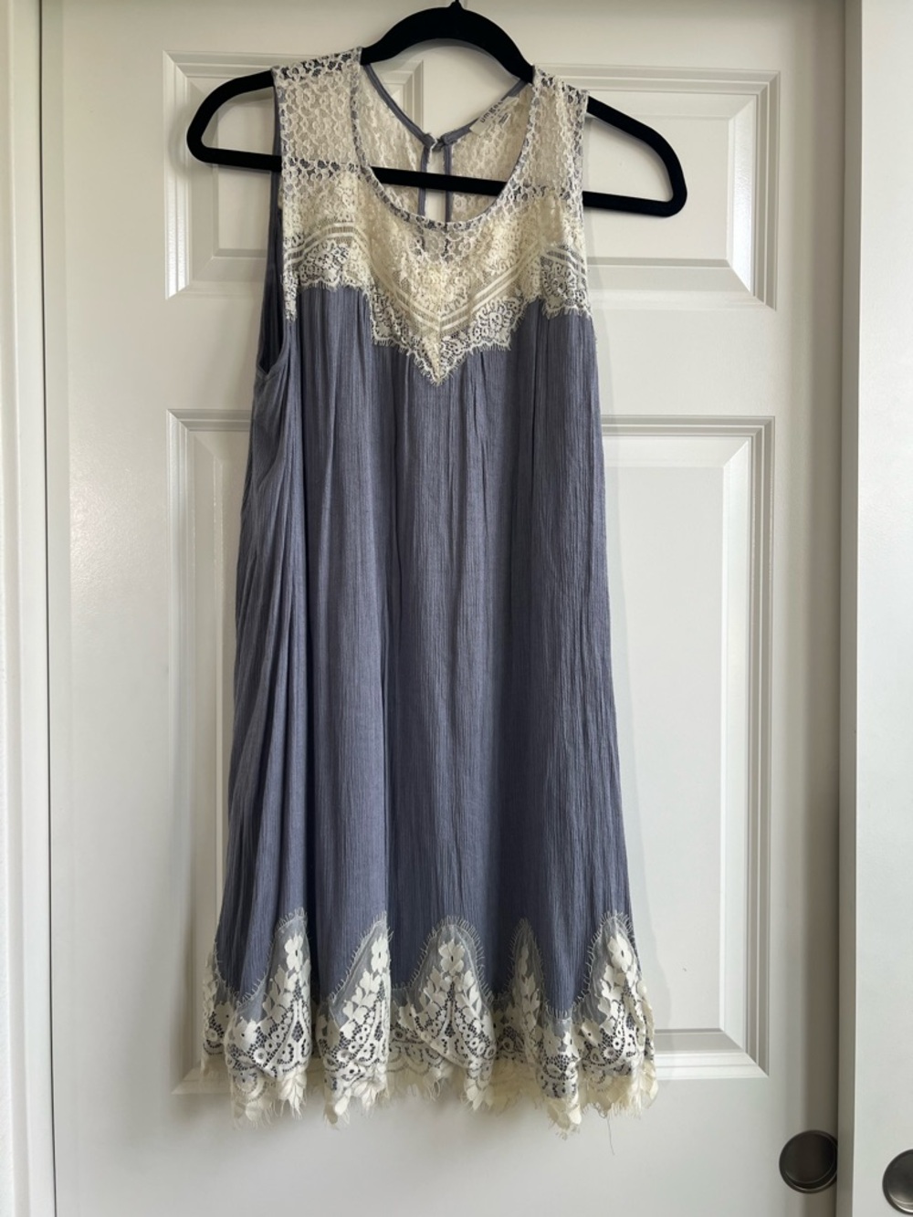 Umgee Boho Sleeveless Dress/Tunic, Lace Detail, Blue/Gray